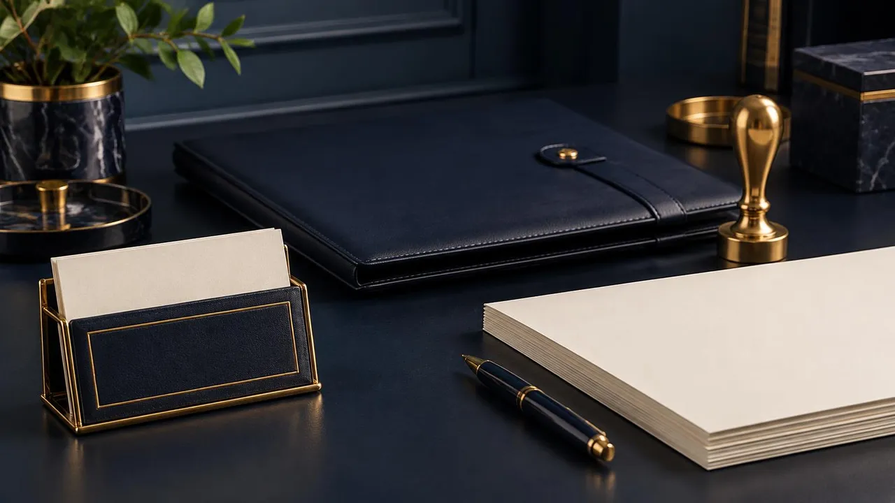 Navy leather portfolio, brass company seal stamp, business card holder and blank documents on a desk.