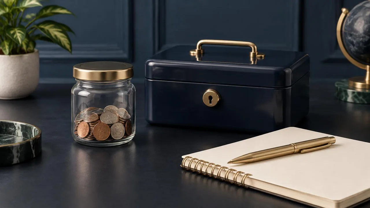Coin jar, locked savings box and blank payment notebook on a navy desk.
