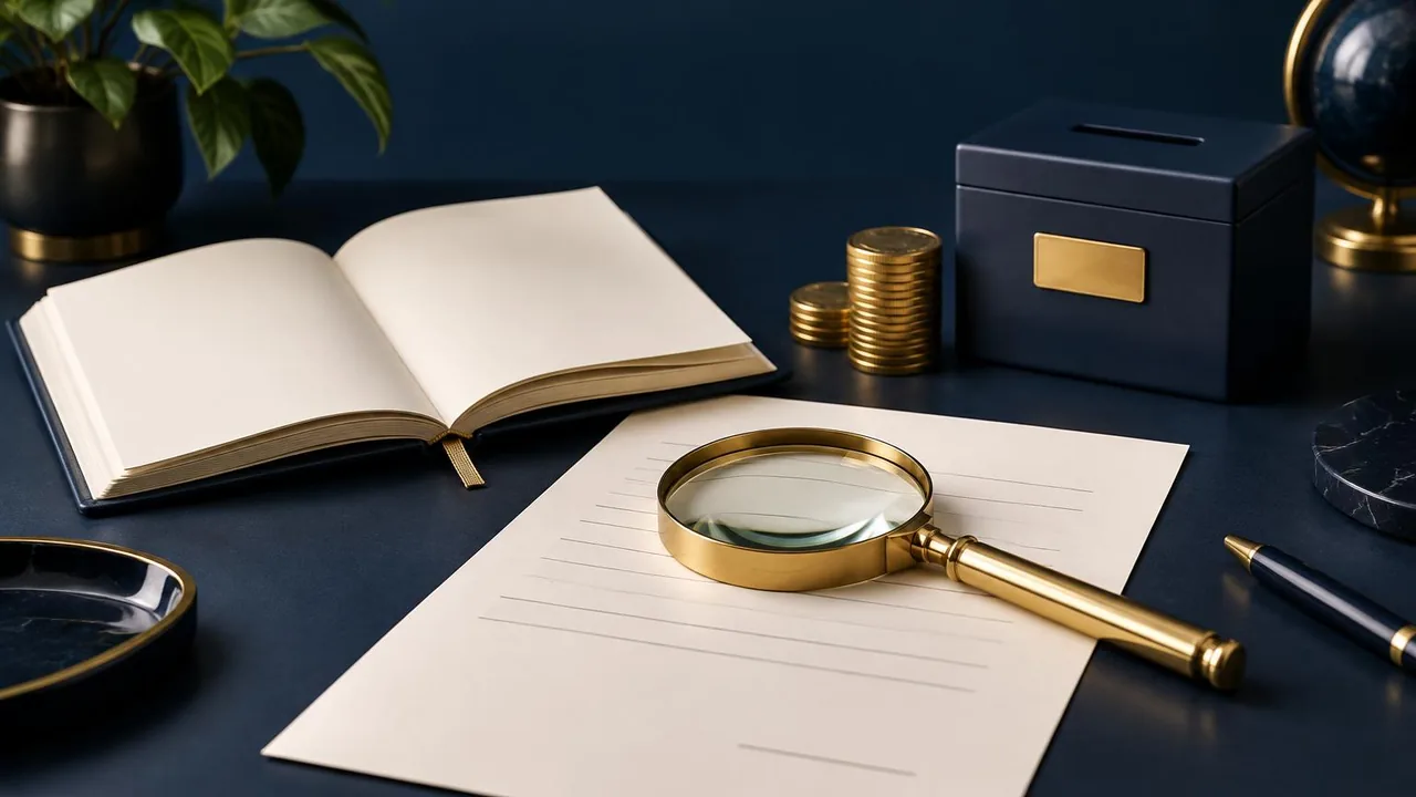 Blank loan documents, magnifying glass and savings box on a navy desk.