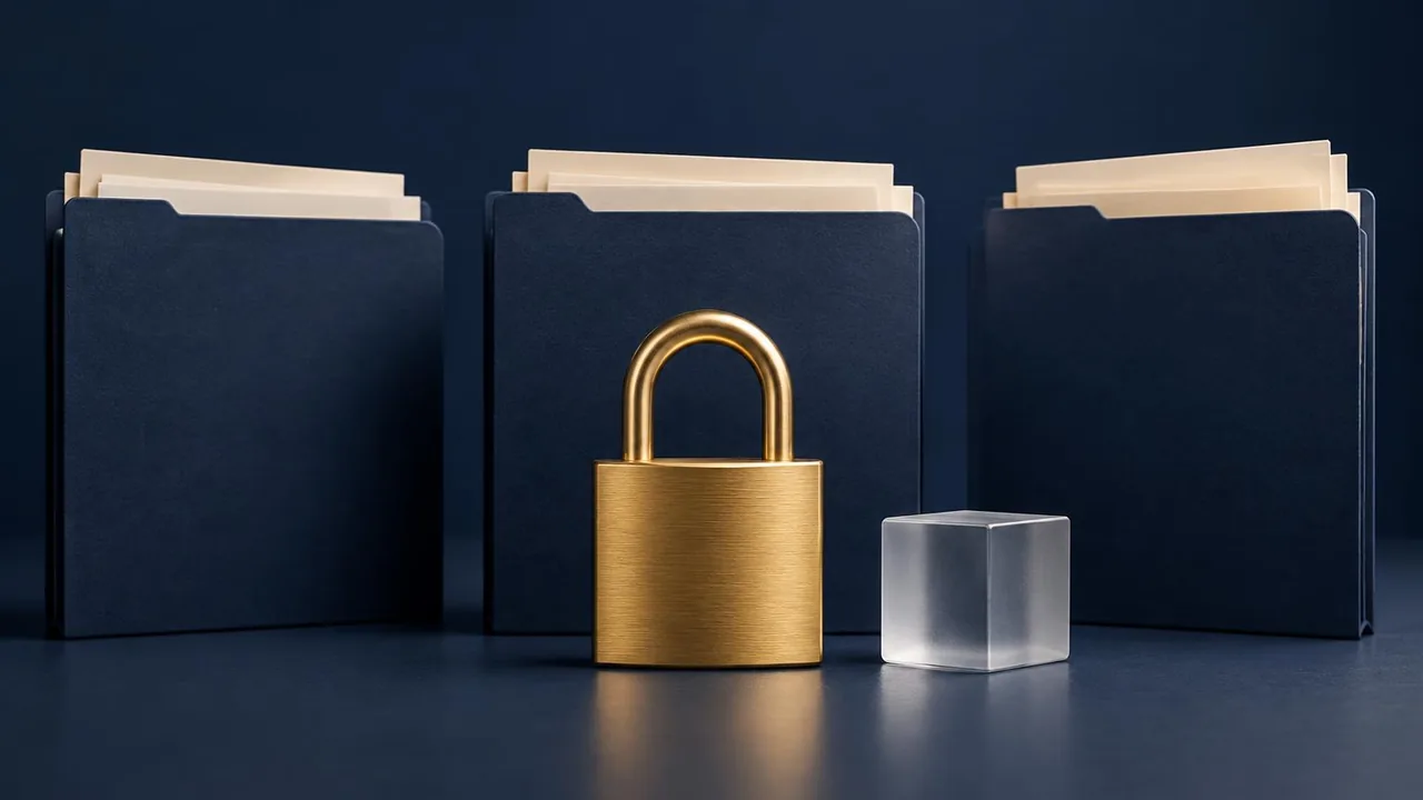 Three document folders beside a closed gold padlock and frosted glass block.