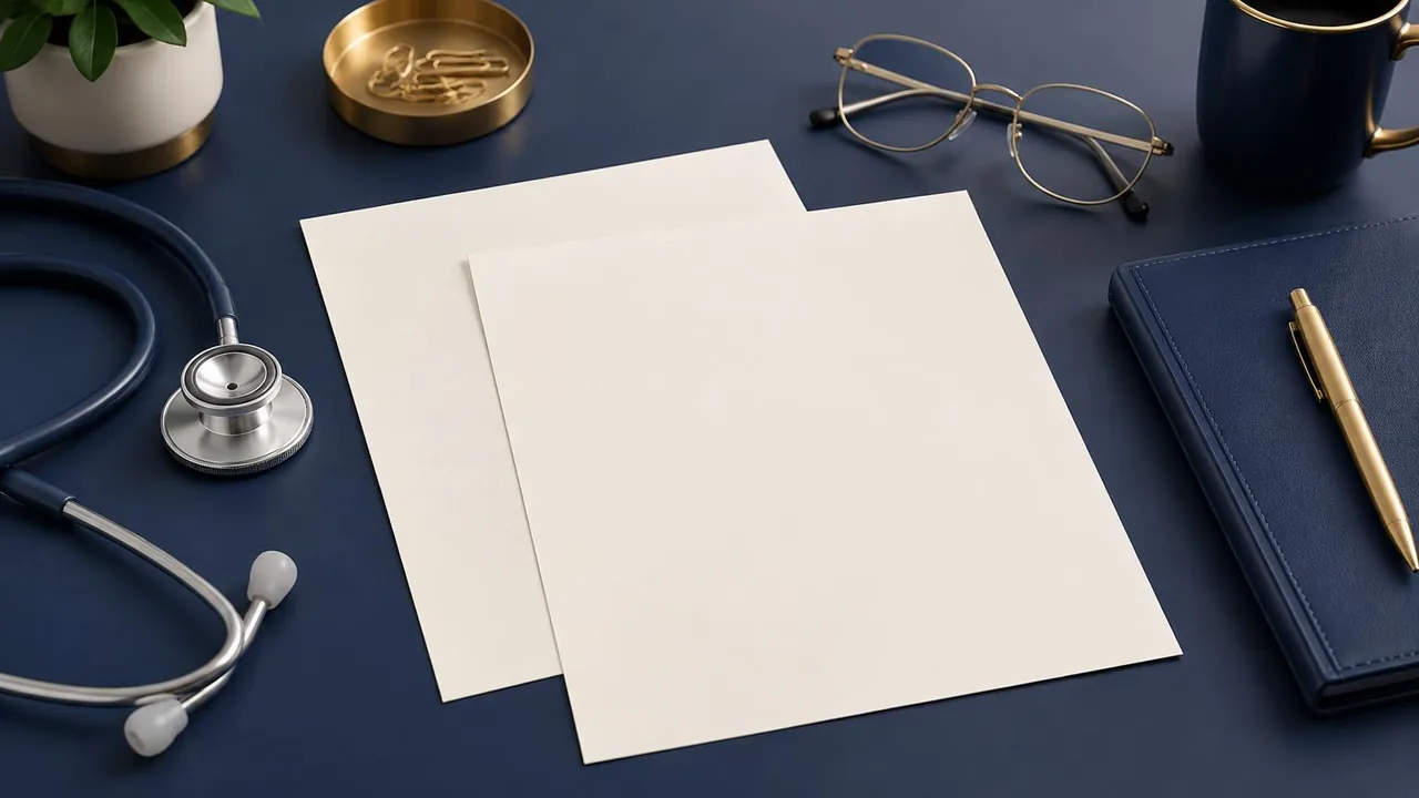 Blank documents beside a stethoscope and reading glasses on a navy desk.